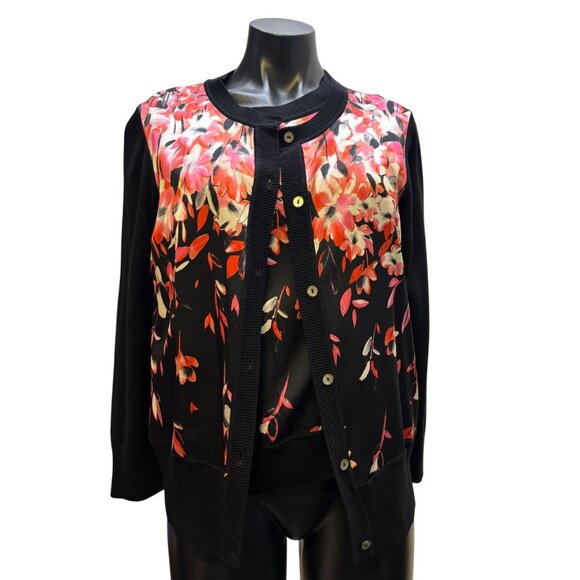 St. John Twin Sweater Set Black & Red Floral Print S/M 2p - Picture 1 of 10